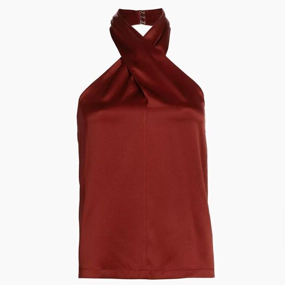 Theory NWT Ertil Convertible Cross Front Plunge Silk Halter Top Red Dahlia L - Picture 9 of 12